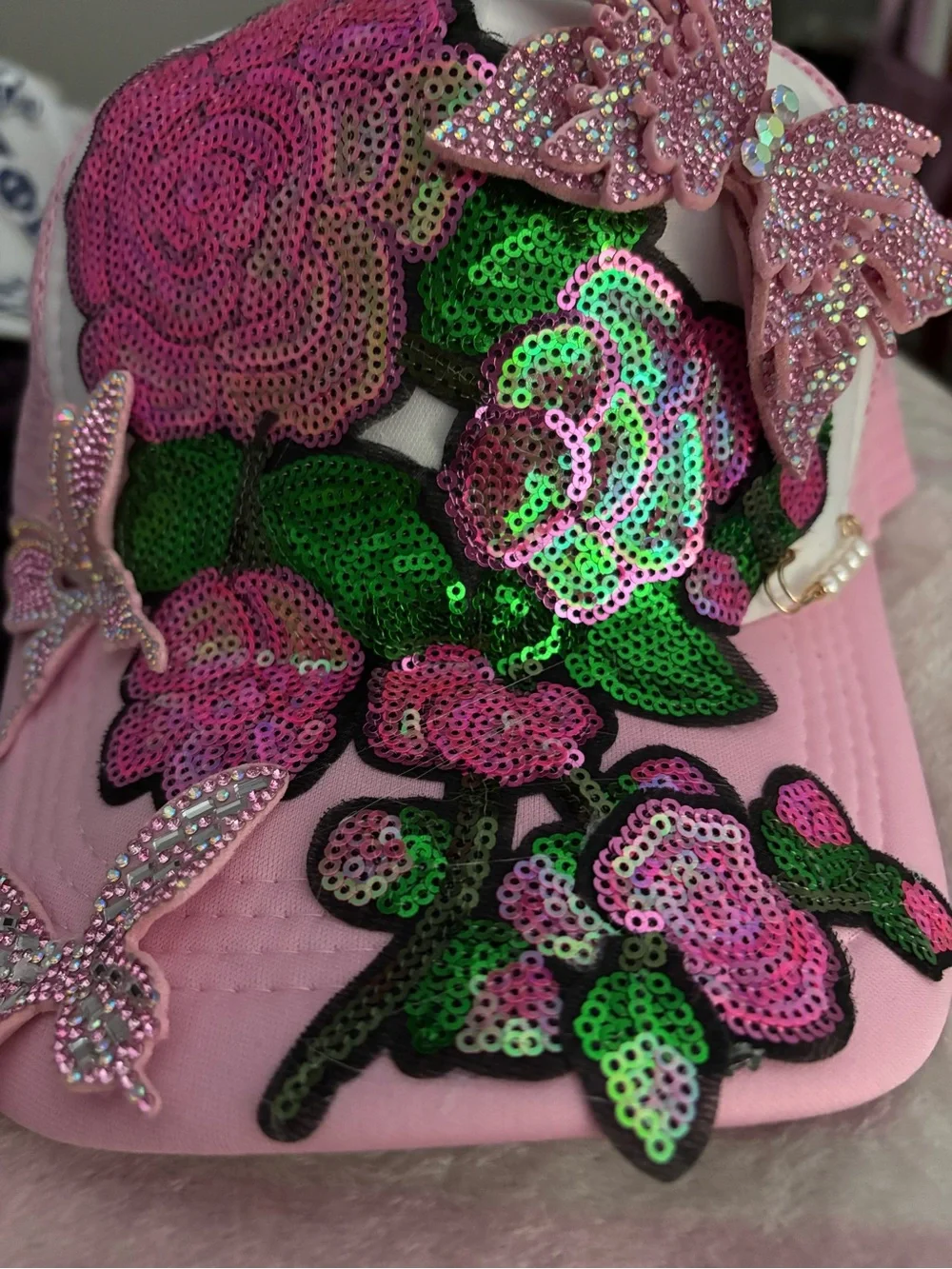 Pink Sequin Floral Cap with Rhinestone Butterflies